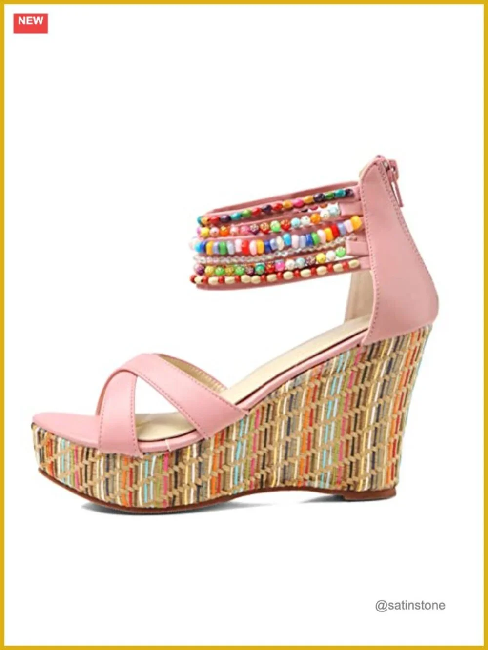 Wedge Sandals with Pearls Platform High Heels Ankle Strap Faux Leather